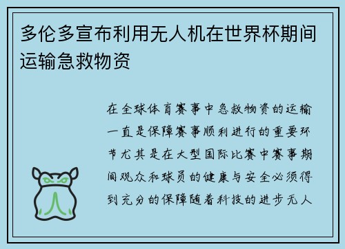 多伦多宣布利用无人机在世界杯期间运输急救物资