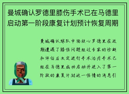 曼城确认罗德里膝伤手术已在马德里启动第一阶段康复计划预计恢复周期受关注 曼城确认罗德里膝伤手术已在马德里启动第一阶段康复计划预计恢复周期受关注