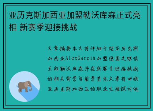 亚历克斯加西亚加盟勒沃库森正式亮相 新赛季迎接挑战